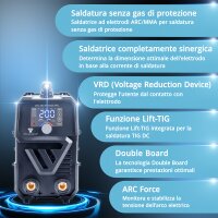 STAHLWERK Saldatrice ARC 200 Synergic Pro Elettrodo completamente equipaggiato, completamente sinergico MMA | E-Hand | Lift-TIG inverter con 200 ampere e tecnologia IGBT