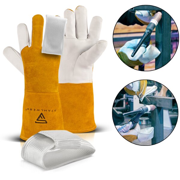 Rękawice spawalnicze STAHLWERK + zestaw palców TIG, solidne i odporne na ciepło rękawice ochronne wykonane z prawdziwej skóry, w tym ochrona termiczna wykonana z tkaniny Kevlar do wszystkich prac spawalniczych i cięcia.