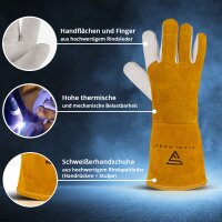 Сварочные перчатки STAHLWERK + комплект пальцев TIG, прочные и термостойкие защитные перчатки из натуральной кожи с теплозащитой из кевларовой ткани для любых сварочных и резательных работ.