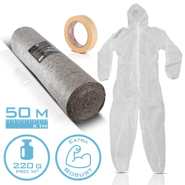STAHLWERK masking fleece / painters fleece / protective fleece with slip-resistant surface, highly resilient, absorbent and recyclable, 50 m 220 g including masking tape