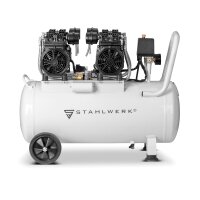 STAHLWERK-ilmakompressori ST 510 Pro, kuiskauskompressori 10 bar, 50 l s&auml;ili&ouml;, 69 dB ja 2 kulumatonta harjatonta moottoria, joiden kokonaisteho on 3,78 hv / 2780 wattia, 7 vuoden valmistajan takuu.