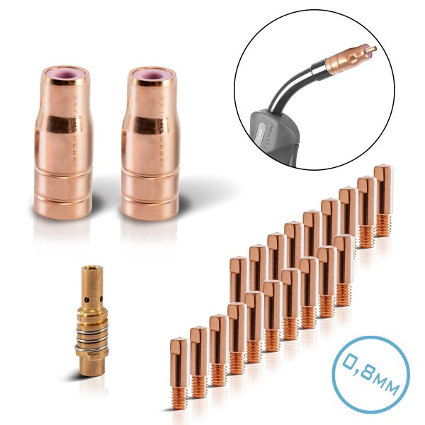STAHLWERK FLUX AK15/MB15 AK14/MB14 wear parts set | 23-piece original welding accessories set with cored wire nozzles | nozzle carriers and contact tips 0.8 mm
