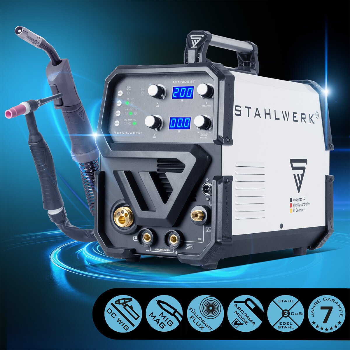 STAHLWERK Schweißgerät CT550 ST 3-in-1 | WIG/MMA 200A + Plasma 50A | Bis 12mm Schnitt | 7 Jahre Garantie
