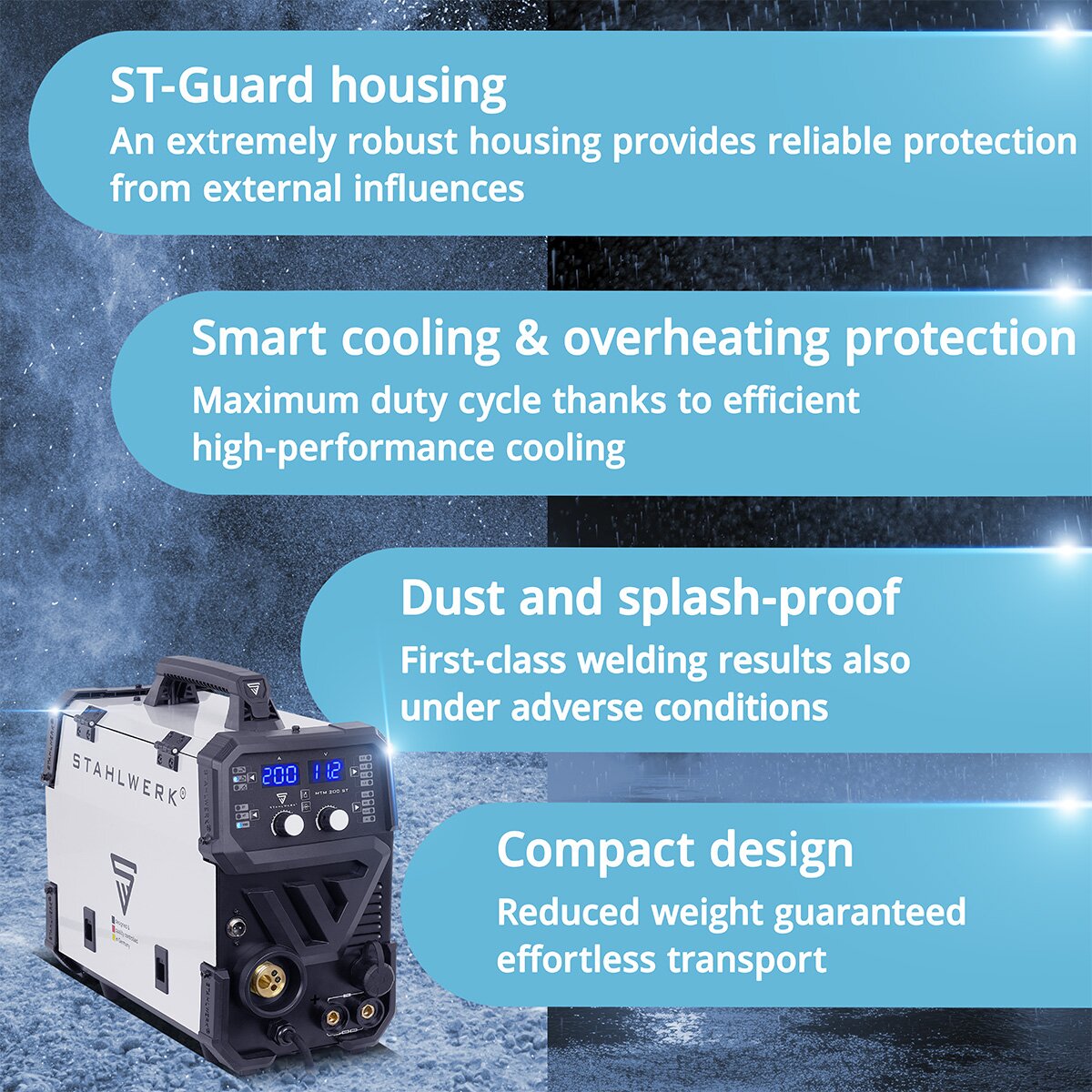 STAHLWERK Welding machine 3-in-1 Combi MTM-200 ST – Full equipment – TIG, MIG/MAG, MMA up to 200 A, synergic wire feed, 4 rolls, FLUX capable, steel