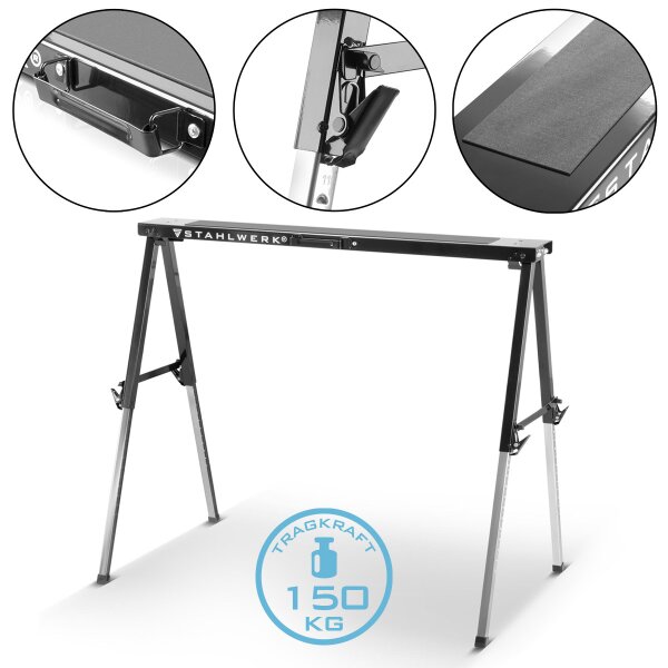 STAHLWERK Cavalletto da lavoro SB-910 ST in metallo verniciato a polvere | cavalletto universale pieghevole | cavalletto da ponteggio regolabile in altezza da 645 a 910 mm con portata di 150 kg e