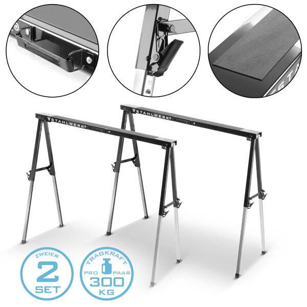 STAHLWERK SB-910 ST pilový kun v sade 2 kovových pracovních kozlíku s práškovým nástrikem | univerzální skládací kozlík | lešenárský kozlík výškove nastavitelný od 645 do 910 mm s nosností 150 kg a