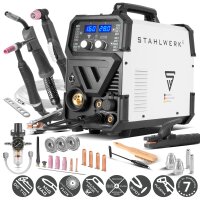 STAHLWERK CTM-416 Puls Pro 6-in-1 saldatrice schermata a gas | inverter con 160 A, funzione ad impulsi per alluminio e taglierina al plasma da 40 A TAGLIO | TIG | MIG MAG | PULS | MMA | FLUX