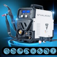 STAHLWERK CTM-416 Puls Pro 6-in-1 svetsmaskin med gasolskydd | inverter med 160 A, pulsfunktion f&ouml;r aluminium och 40 A plasmask&auml;rare CUT | TIG | MIG MAG | PULS | MMA | FLUX