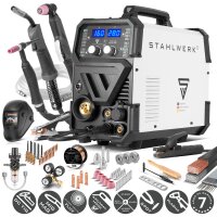 STAHLWERK CTM-416 Puls Pro soldador de gas inerte 6 en 1 totalmente equipado | inversor con 160 A, funci&oacute;n de pulsos para aluminio y cortador de plasma de 40 A CUT | TIG | MIG MAG | PULS | MMA | FLUX