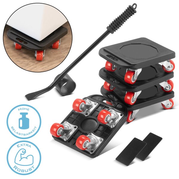 STAHLWERK Meubeltransportset 4 robuuste transportwielen | meubelwielen | zwenkbord | transporthulp met rubberen wielen met lange levensduur en 1 praktisch meubelheftoestel