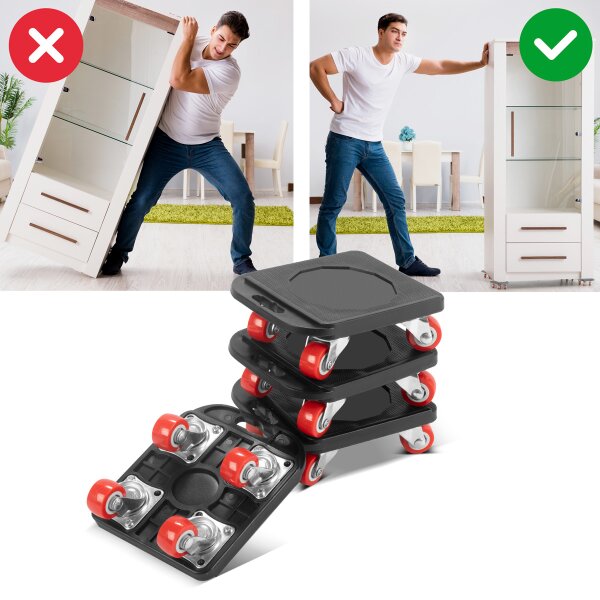 Set Di 4 Rotelle Mobili Girevoli 360° Per Trasloco – Carico Max 420 Kg, In ABS E Acciaio, Adatte A Legno, Laminato E Piastrelle