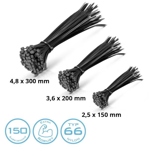 STAHLWERK cable ties set of 150 2.5 x 150 mm | 3.6 x 200 mm | 4.8 x 300 mm in black, industrial-quality cable ties, UV-resistant, extremely tensile, stable and durable