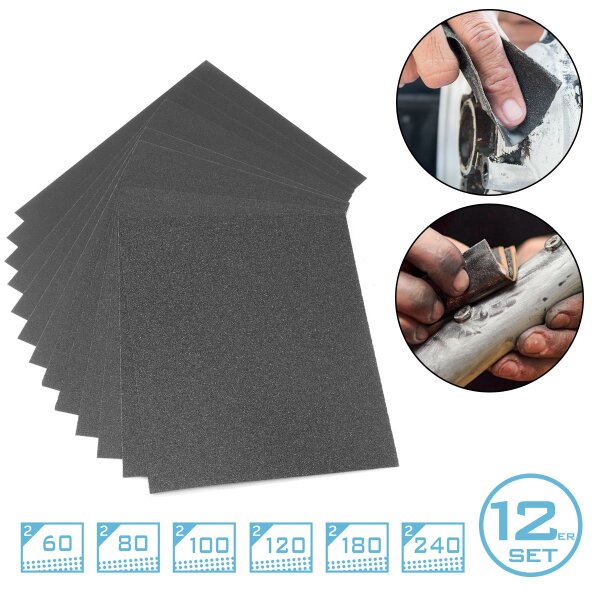 STAHLWERK juego de 12 lijas de carburo de silicio 230 x 280 mm | almohadillas de lijado | abrasivos con grano 60 | 80 | 100 | 120 | 180 | 240 para lijar y pulir
