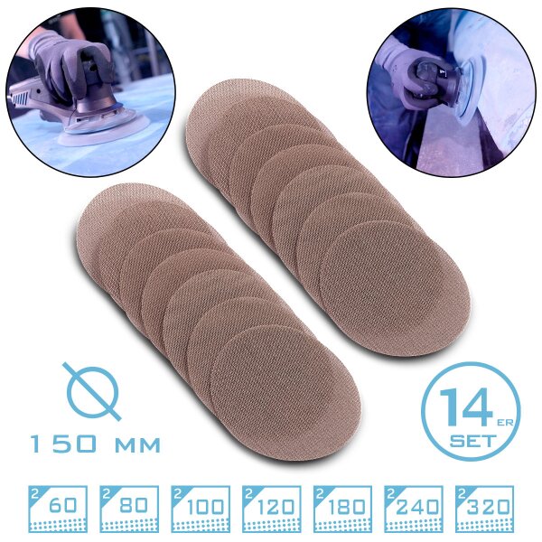 STAHLWERK Verkkohiomalaikat 14 kpl P60 | P80 | P100 | P120 | P180 | P240 | P320, 150 mm Ø Professional hiomatyynyt | hiomaverkko | hiomalaikat | hiomatarvikkeet | hiomakoneiden tarvikkeet