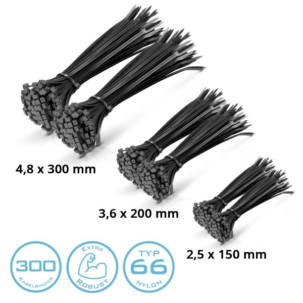 STAHLWERK kabelbindersæt med 300 stk. 2,5 x 150 mm | 3,6 x 200 mm | 4,8 x 300 mm i sort, kabelbindere i industrikvalitet, UV-bestandige, ekstremt trækstærke, stabile og holdbare