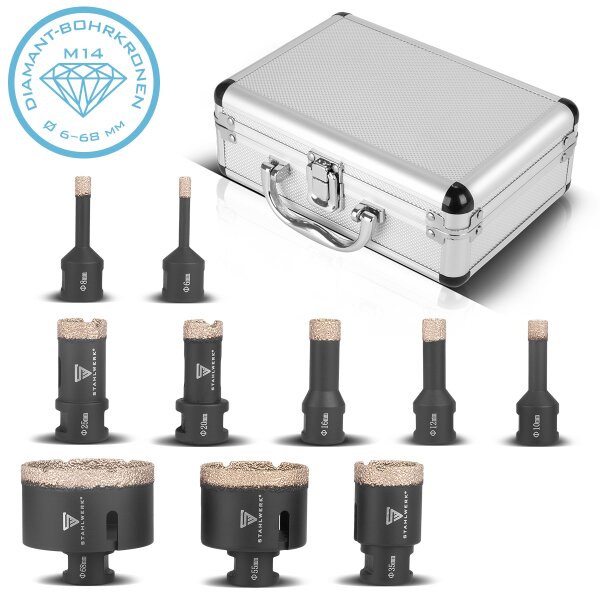 STAHLWERK Diamantborekroner sæt med 10 stk. 6-68 mm M14 diamantborekroner | fliseborekroner | fliseborekroner til vinkelslibere