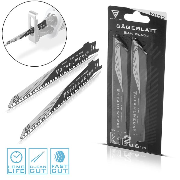 STAHLWERK Juego de 2 hojas de sierra para madera 150 x 19 x 1,2 mm Hojas de sierra de sable de larga duración | Hojas de sierra de sable con fijación de 1/2 pulgada y 6 TPI para sierras de sable |