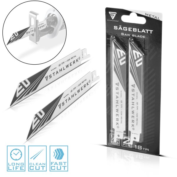 STAHLWERK Juego de 2 hojas de sierra de sable 150 x 19 x 0,92 mm Long Life | Hojas de sierra de sable con fijación de 1/2 pulgada y 18 TPI para sierras de sable | Sierras de sable | Sierras de calar