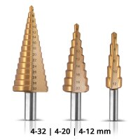 STAHLWERK HSS stepped drill bits set of 3 TiN-coated 4-12 | 4-20 | 4-32 mm titanium-coated metal drill bits | taper drill bits | countersink drill bits | peel drill bits | cone drill bits | drill bit set with aluminum box