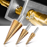 STAHLWERK HSS stepped drill bits set of 3 TiN-coated 4-12 | 4-20 | 4-32 mm titanium-coated metal drill bits | taper drill bits | countersink drill bits | peel drill bits | cone drill bits | drill bit set with aluminum box