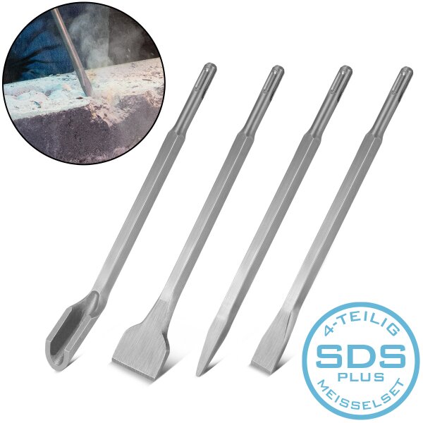 STAHLWERK chisel set of 4 250 mm SDS-Plus holder, sandblasted chisel set with flat chisel | pointed chisel | broad chisel | gouge