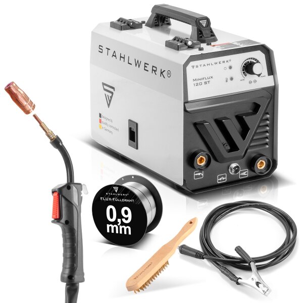 Młot wyburzeniowy STAHLWERK Spawarka Mini FLUX 120 ST z w pelni synergicznym podawaniem drutu do spawania drutem 0,6 | 0,8 | 0,9 | 1,0 mm, kompaktowy falownik o rzeczywistym natezeniu 120 A do spawania bez gazu oslonowego