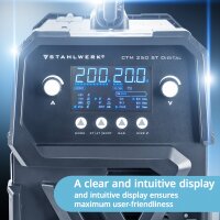STAHLWERK Poste &agrave; souder combin&eacute; CTM-250 ST Digital Poste &agrave; souder sous protection gazeuse 5 en 1 | Inverter avec 200 A, d&eacute;vidoir de fil synergique et d&eacute;coupeur plasma 50 A int&eacute;gr&eacute; CUT | TIG | MIG MAG | MMA | FLUX