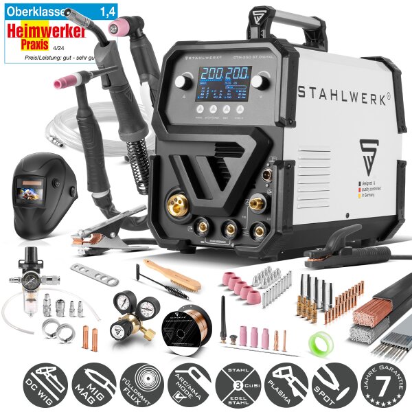 STAHLWERK Kombi-Schweißgerät CTM-250 ST Digital Vollausstattung 5-in-1 Schutzgas-Schweißgerät | Inverter mit 200 A, synergischem Drahtvorschub und integriertem 50 A Plasmaschneider CUT | WIG