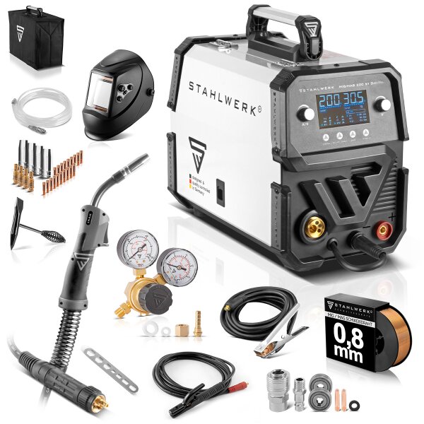 STAHLWERK welding machine MIG MAG 200 ST Digital fully equipped IGBT gas-shielded welding machine | inverter with 200 A, spot function, synergic wire feed, FLUX and MMA | ARC function