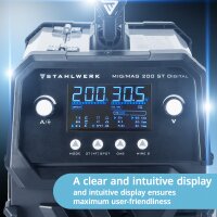 STAHLWERK Svarovací stroj MIG MAG 200 ST Digitální plne vybavený svarovací stroj v ochranném plynu IGBT | invertor s 200 A, bodová funkce, synergický posuv drátu, FLUX a MMA | funkce ARC