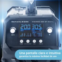 STAHLWERK Soldadora MIG MAG 200 ST Soldadora digital con blindaje de gas IGBT totalmente equipada | inversor con 200 A, función de punto, alimentación de hilo sinérgica, FLUX y MMA | función ARC