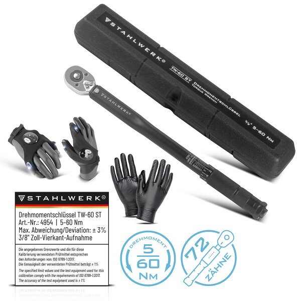 STAHLWERK Clé dynamométrique TW-60 ST 5-60 Nm 3/8" pouce cliquet réversible | Clé à cliquet | Cliquet avec échelle micrométrique