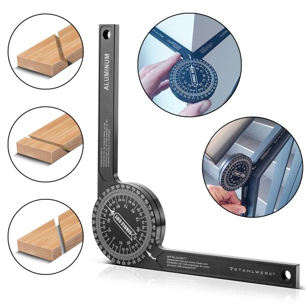 Goniometro STAHLWERK Goniometro a 360 gradi in alluminio per tagli obliqui | strumento di misurazione degli angoli | goniometro | strumento di misurazione per tagli obliqui precisi