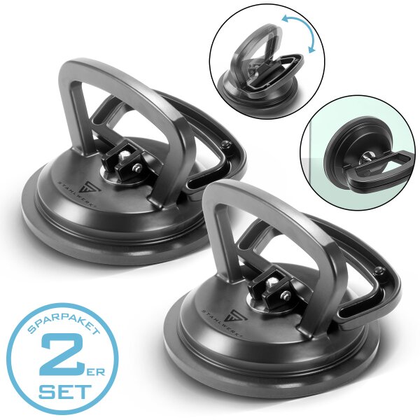 STAHLWERK Juego de 2 ventosas con 2 x 50 kg de capacidad de carga y 12,5 cm | 5" de diámetro Elevador de vacío | Elevador de cristal | Elevador de azulejos | Elevador de ventanas | Ventosa | Mango de