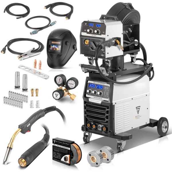 STAHLWERK Saldatrice MIG MAG 300 Pro Completamente equipaggiata Inverter IGBT completamente sinergico con 300 A e funzione ad impulsi Sistema di saldatura combinato 3 in 1 MIG MAG | MMA | Lift-TIG