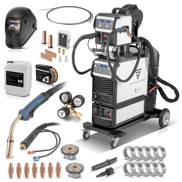 STAHLWERK Saldatrice industriale MIG MAG 350 DP completamente equipaggiata Inverter IGBT completamente sinergico, raffreddato ad acqua con 350 A e funzione spot, sistema di saldatura MIG MAG con