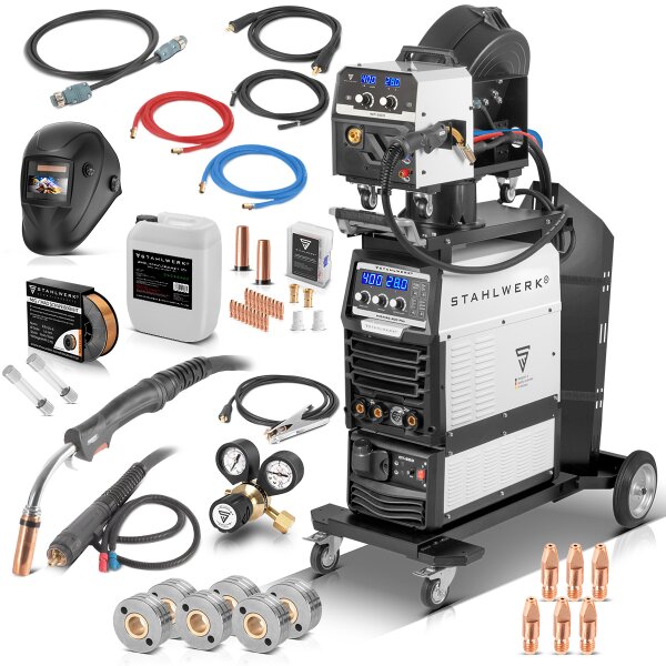 STAHLWERK Saldatrice MIG MAG 400 Pro Completamente equipaggiata Inverter IGBT completamente sinergico, raffreddato ad acqua con 400 A e funzione ad impulsi Sistema di saldatura combinato 3 in 1 MIG