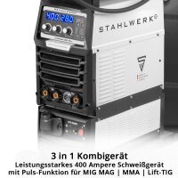 STAHLWERK MIG MAG 400 Pro welding machine Fully equipped Fully synergic, water-cooled IGBT inverter with 400 A and pulse function 3-in-1 combination welding system MIG MAG | MMA | Lift-TIG