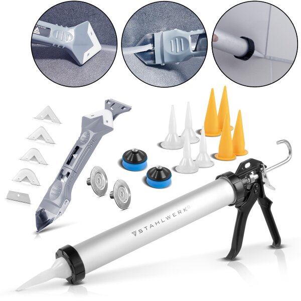 STAHLWERK Pistola per silicone  SP-600 ST con spatola per silicone 600 ml Pistola a cartuccia in alluminio | pistola a cartuccia con raschietto per silicone | raschietto per giunzioni