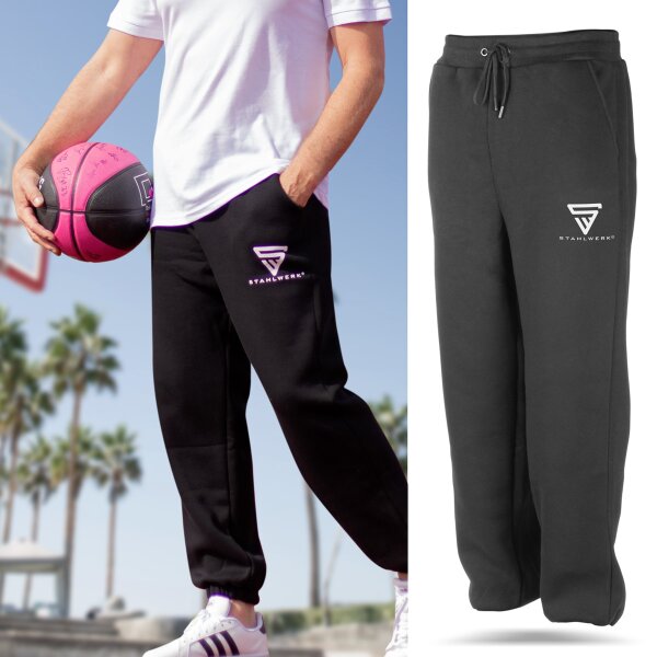 STAHLWERK Pantalon de jogging Noir Taille L Pantalon de sport | Jogger | Pantalon dentraînement | Pantalon sweat | Sweatpants avec logo imprimé en 70% coton et 30% polyester