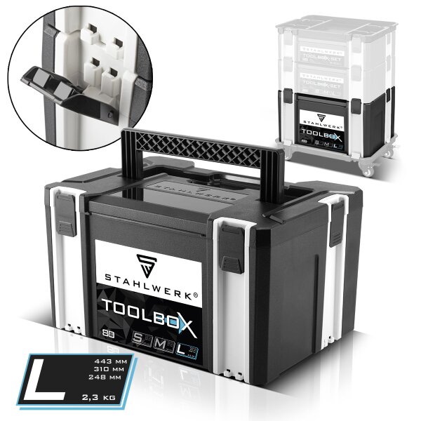 STAHLWERK Universal Toolbox size L 443 x 310 x 248 mm stackable system box | tool box | tool case | tool organizer in modular system made of heavy-duty ABS plastic with carrying handle