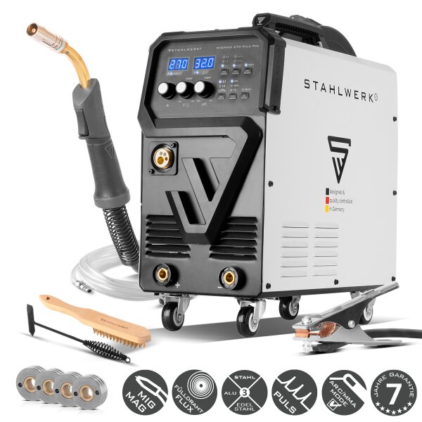 STAHLWERK Schweißgerät MIG MAG 270 Puls Pro | 4-in-1 Schutzgas-Schweißgerät mit Pulsfunktion | 270 A, synergischem Drahtvorschub, 4-Rollen-Antrieb, Lift TIG und MMA | ARC Funktion