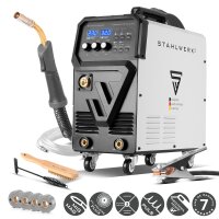 STAHLWERK Poste de soudage MIG MAG 270 Puls Pro | Poste de soudage 4 en 1 sous gaz protecteur avec fonction puls&eacute;e | 270 A, d&eacute;vidoir de fil synergique, entra&icirc;nement &agrave; 4 galets, lift TIG et MMA | Fonction ARC