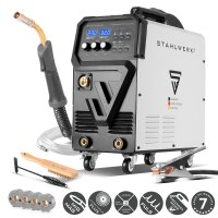 STAHLWERK MIG MAG 270 Puls Pro | Soldadora de arco 4 en 1 con funci&oacute;n de pulsos | 270 A, alimentaci&oacute;n de hilo sin&eacute;rgica, accionamiento de 4 rodillos, elevaci&oacute;n TIG y MMA | Funci&oacute;n ARC