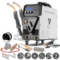 STAHLWERK Poste de soudage MIG 270 Puls Pro | Poste de soudage 4 en 1 sous gaz protecteur avec fonction puls&eacute;e avec torche de soudage AK25/MB25 en aluminium et kit de pi&egrave;ces dusure pour le soudage de