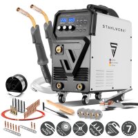 STAHLWERK Saldatrice  MIG 270 Puls Pro | Saldatrice a gas 4 in 1 con funzione a impulsi, torcia per saldatura alluminio AK25/MB25 e set di parti di usura per la saldatura dellalluminio