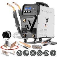 STAHLWERK Soldadora  MIG 270 Puls Pro | Soldadora de gas 4 en 1 con funci&oacute;n de pulsos, antorcha de aluminio AK25/MB25 y juego de piezas de desgaste para soldadura de aluminio | Inversor con 270 A