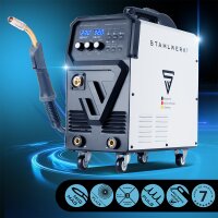 STAHLWERK Soldadora MIG 270 Puls Pro totalmente equipada | Soldadora 4 en 1 con protecci&oacute;n de gas y funci&oacute;n de pulsos | 270 A, alimentaci&oacute;n de hilo sin&eacute;rgica, apta para aluminio, accionamiento de 4