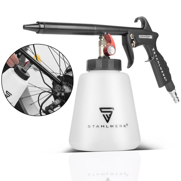 STAHLWERK Druckluft-Reinigungspistole RP-93 ST | Profi Druckluftreiniger für effektive Autowäsche und Reinigung verschiedener Oberflächen | Ausblaspistole zur Fahrzeugaufbereitung mit 1 Liter Behälter