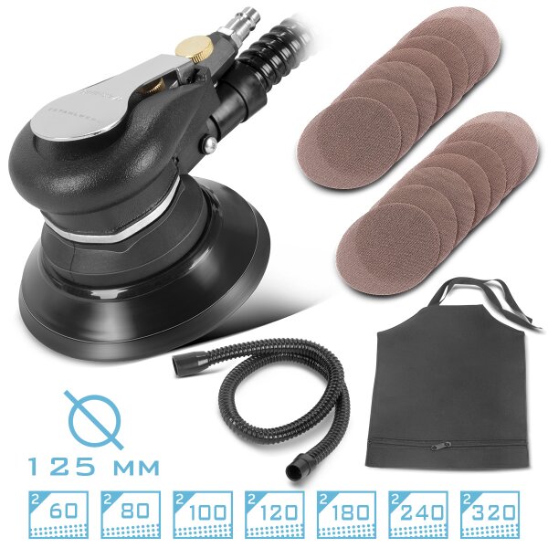 STAHLWERK Ponceuse excentrique pneumatique DES-125 ST avec 14 disques auto-agrippants quadrillés P60-P320 Ponceuse pneumatique avec plateau de ponçage 125 mm | Polisseuse avec système daspiration et